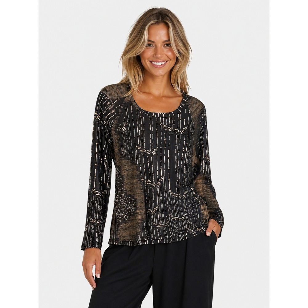 Jim Thompson by Pashma 100% Silk Knit Long Sleeve Scoop Neck Top Black XL